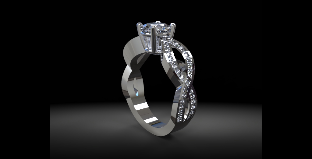 White gold engagement ring with round diamond center and twisted pavé diamond band, 3D render White gold engagement ring with round diamond center and twisted pavé diamond band, 3D render